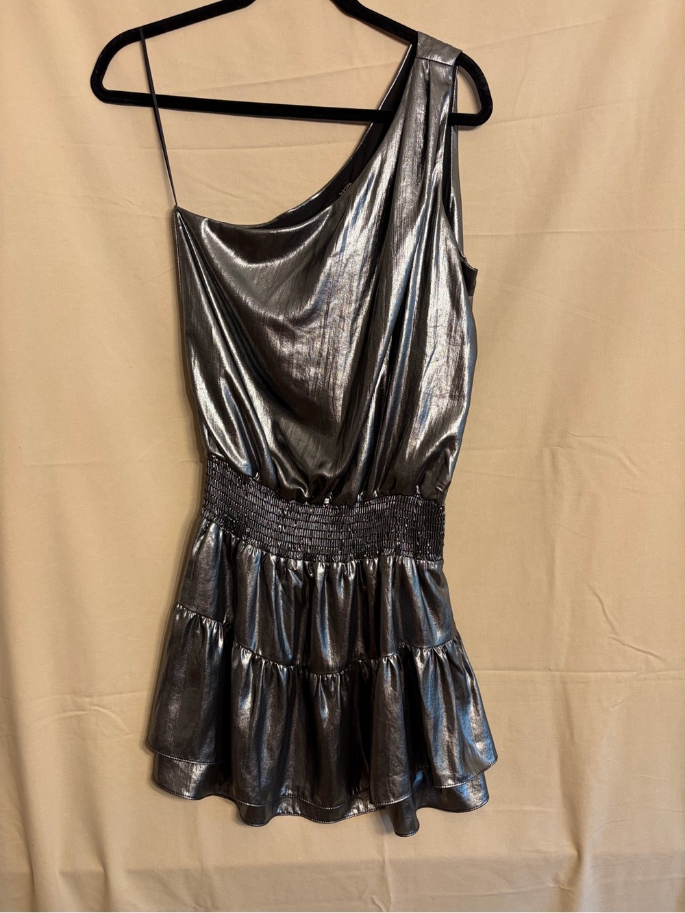 Revolve Krisa Metallic Silver One-Shoulder Mini Dress Smocked Waist
